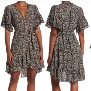 Max Studio Black White Floral Ruffle Wrap Dress flutter sleeve Womens s